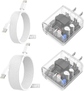 iPhone Charger Fast Charging, 2 Pack 20W USB C Wall Charger Block with MFi Certified 6/10FT Type C to Lightning Cables for iPhone 14 13 12 11 Pro Max XR XS X, iPad,AirPods Pro (Transparent White)