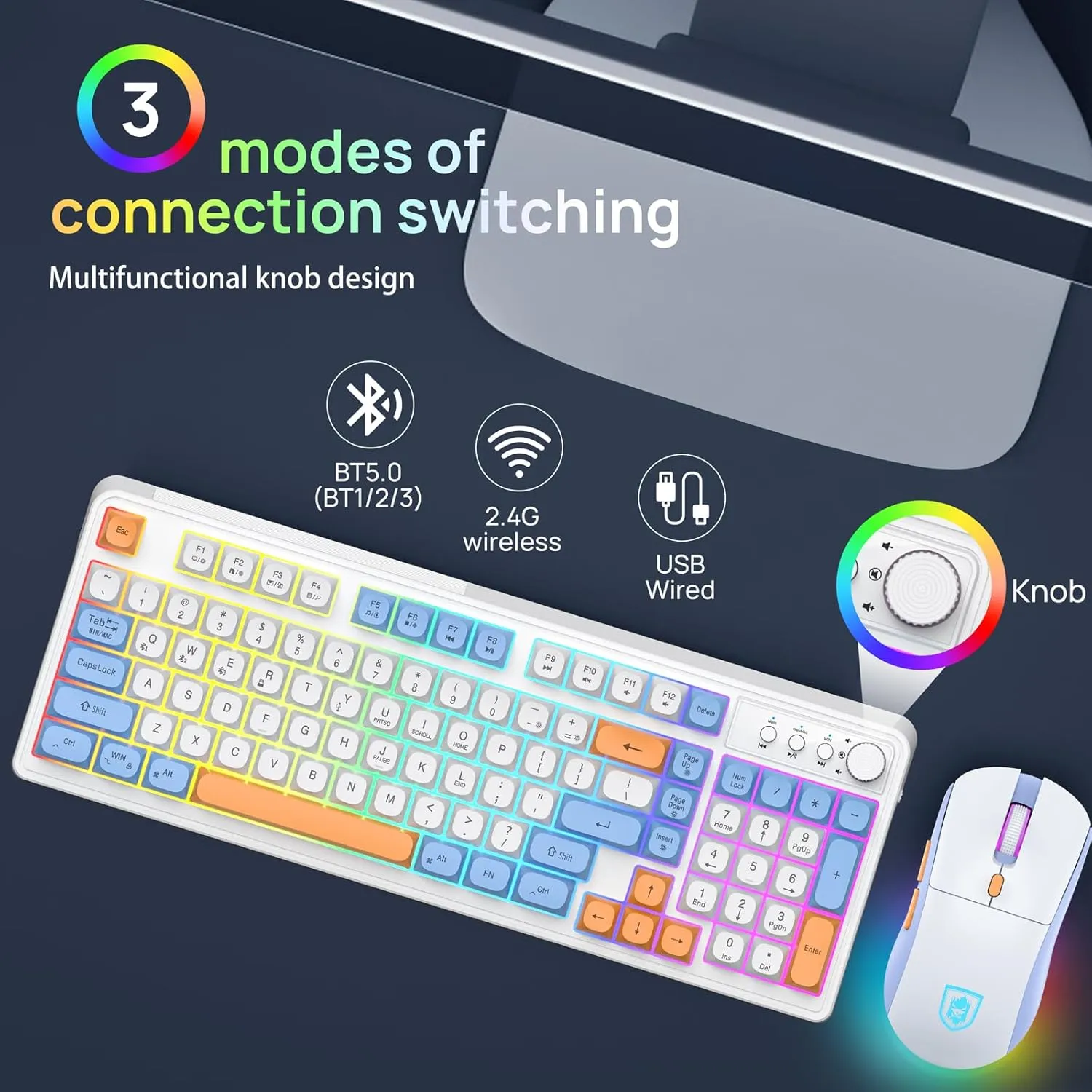 KOLMAX BT98 Wireless Keyboard and Mouse Combo,Triple Mode 2.4G/Wired/Bluetooth Gaming Keyboard and Mouse,Rechargeable Ergonomic RGB Backlit Light Up Keyboard Mouse with Knob for WinPC/Mac/Tablet White