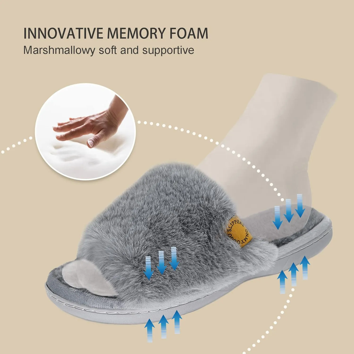 Onmygogo Indoor Slippers for Women Open Toe with Memory Foam, Soft Faux Fur Nonslip House Slippers