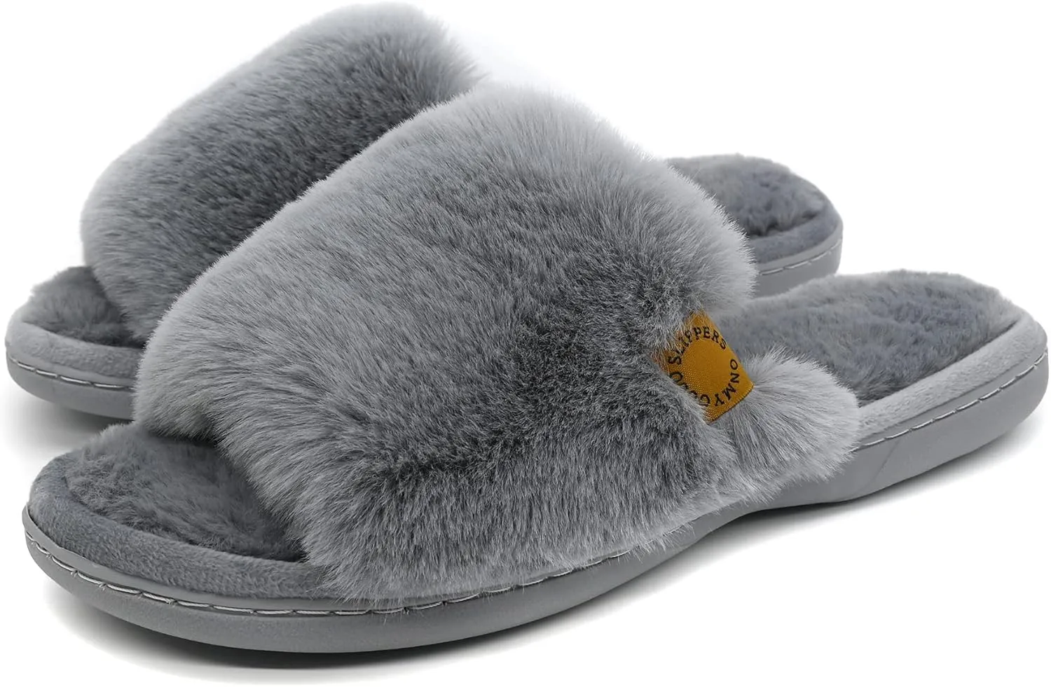 Onmygogo Indoor Slippers for Women Open Toe with Memory Foam, Soft Faux Fur Nonslip House Slippers