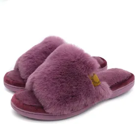 Onmygogo Indoor Slippers for Women Open Toe with Memory Foam, Soft Faux Fur Nonslip House Slippers