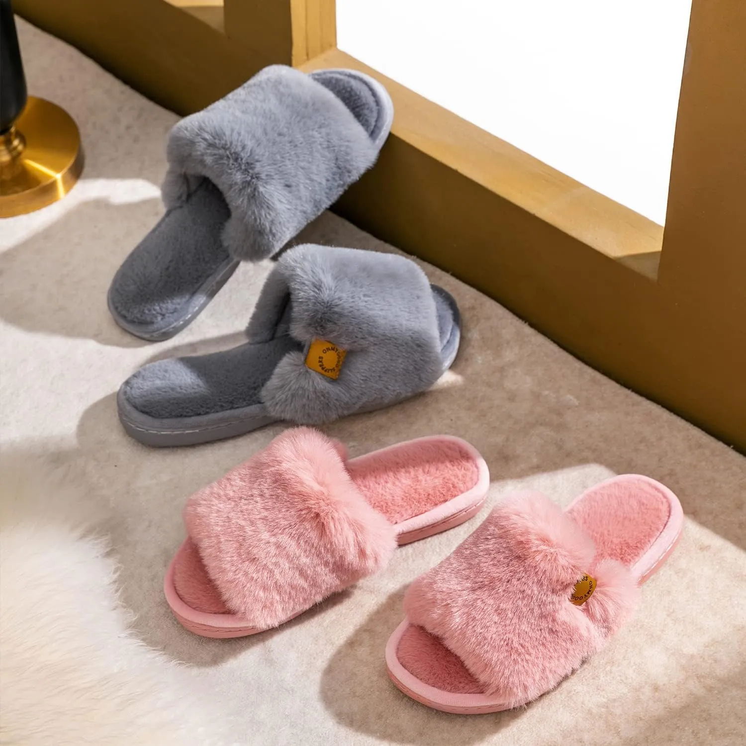Onmygogo Indoor Slippers for Women Open Toe with Memory Foam, Soft Faux Fur Nonslip House Slippers