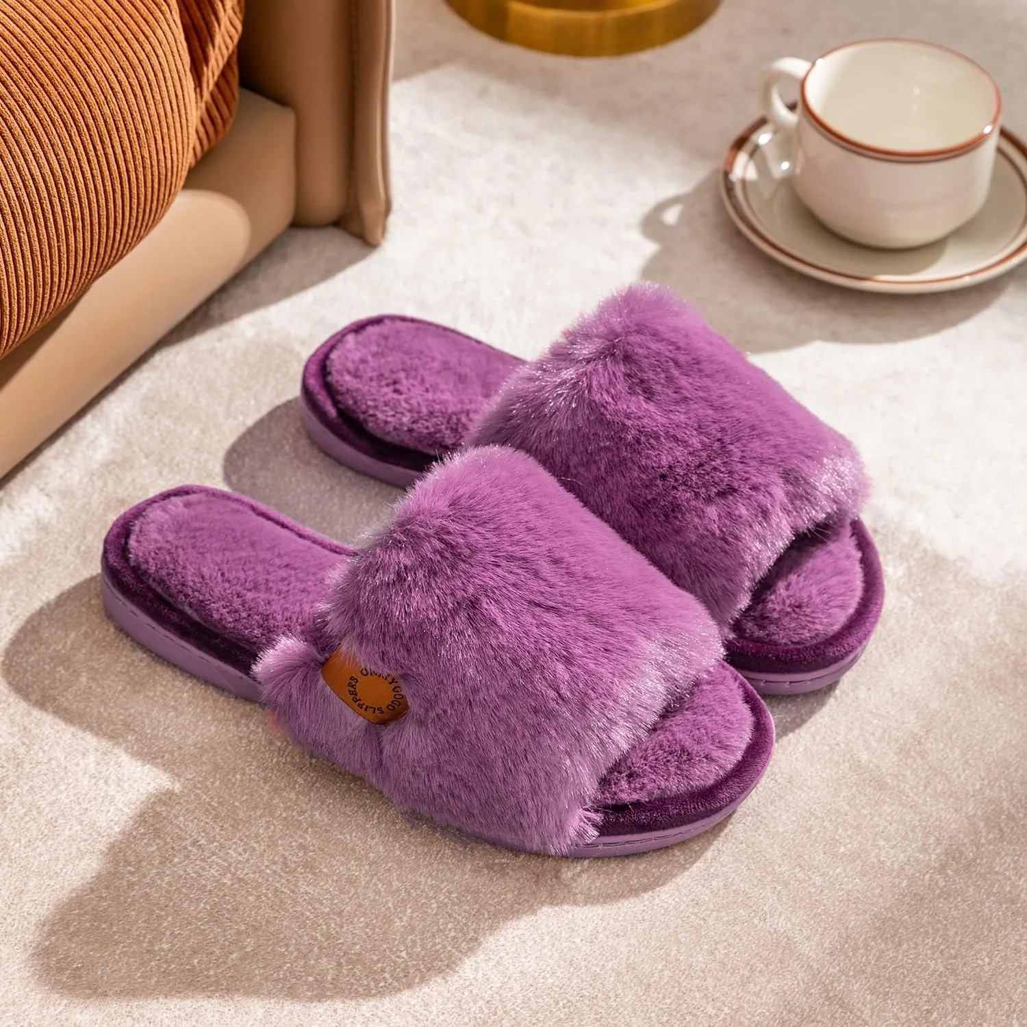 Onmygogo Indoor Slippers for Women Open Toe with Memory Foam, Soft Faux Fur Nonslip House Slippers