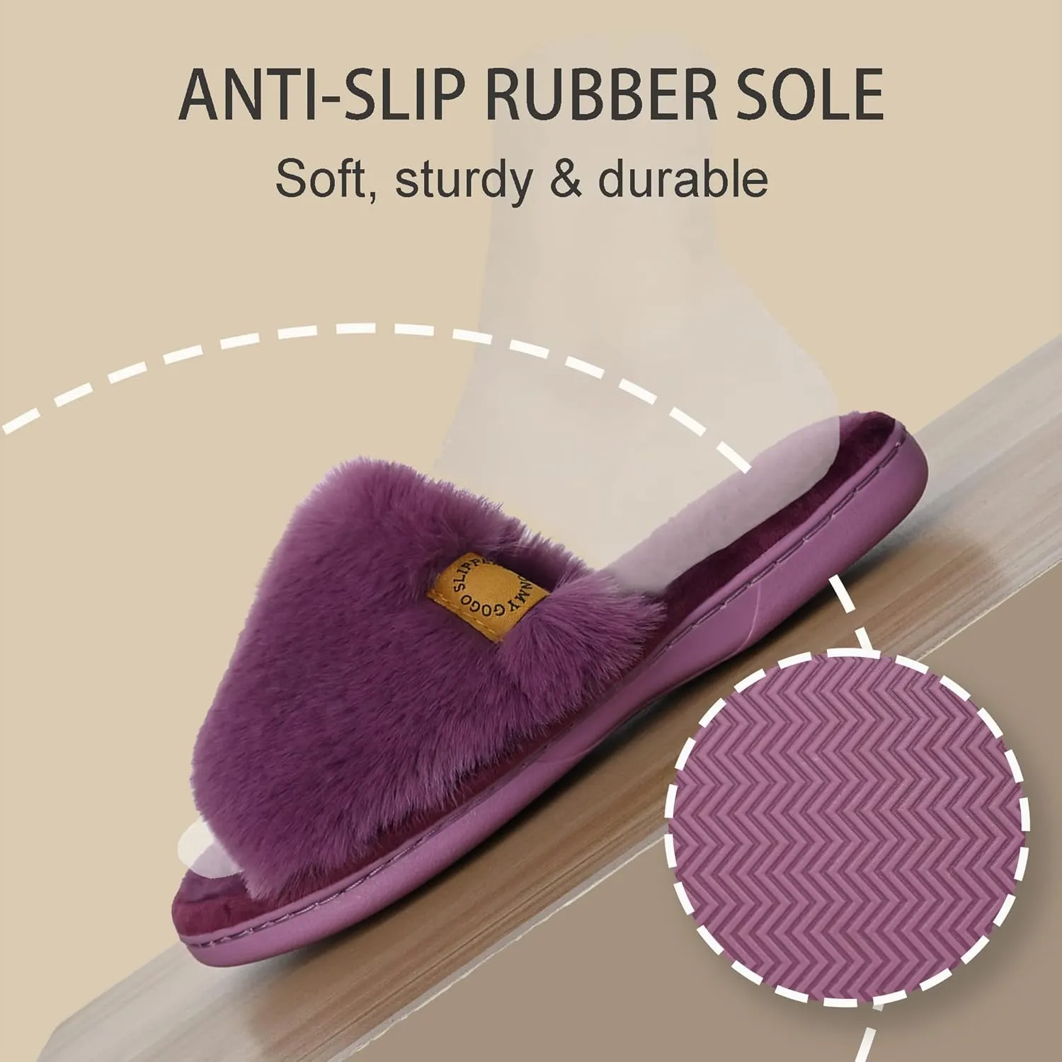 Onmygogo Indoor Slippers for Women Open Toe with Memory Foam, Soft Faux Fur Nonslip House Slippers