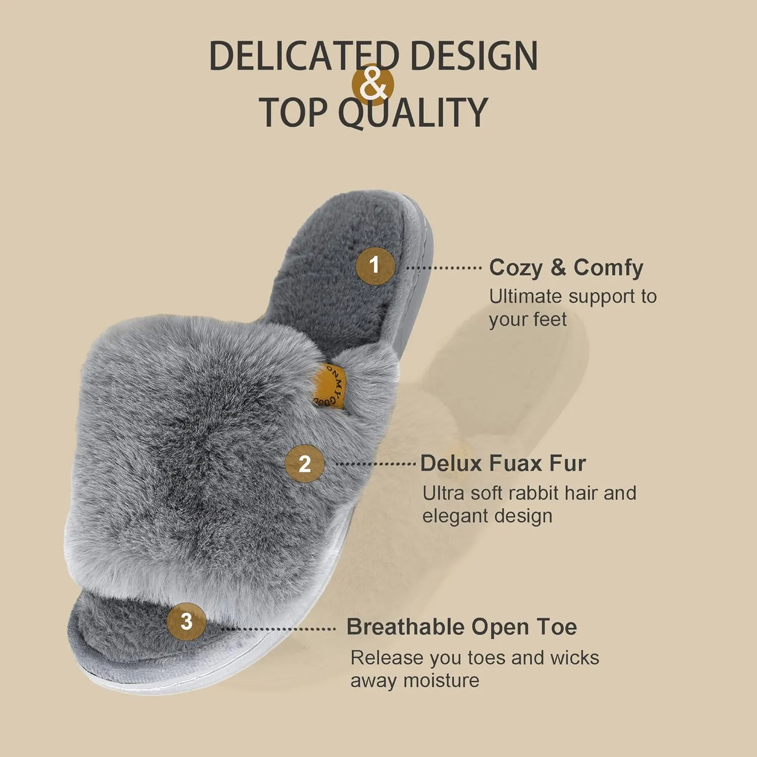 Onmygogo Indoor Slippers for Women Open Toe with Memory Foam, Soft Faux Fur Nonslip House Slippers