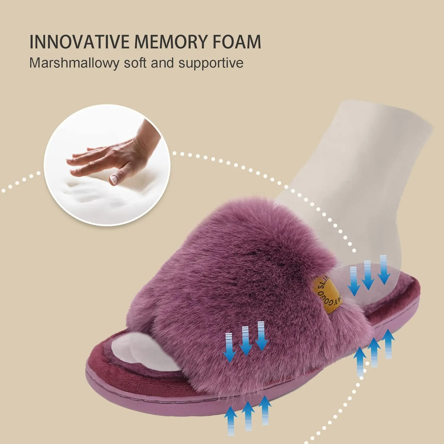 Onmygogo Indoor Slippers for Women Open Toe with Memory Foam, Soft Faux Fur Nonslip House Slippers