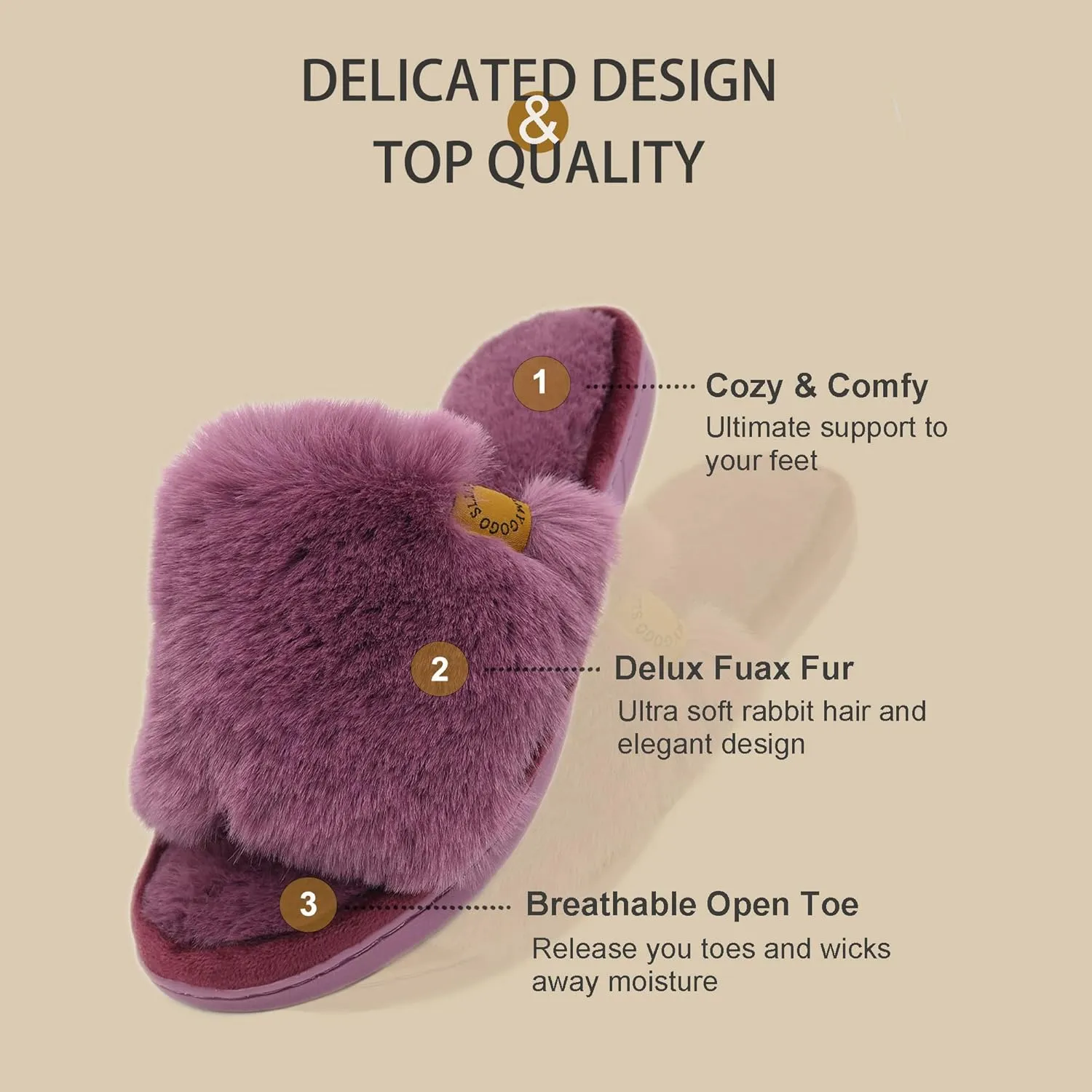 Onmygogo Indoor Slippers for Women Open Toe with Memory Foam, Soft Faux Fur Nonslip House Slippers