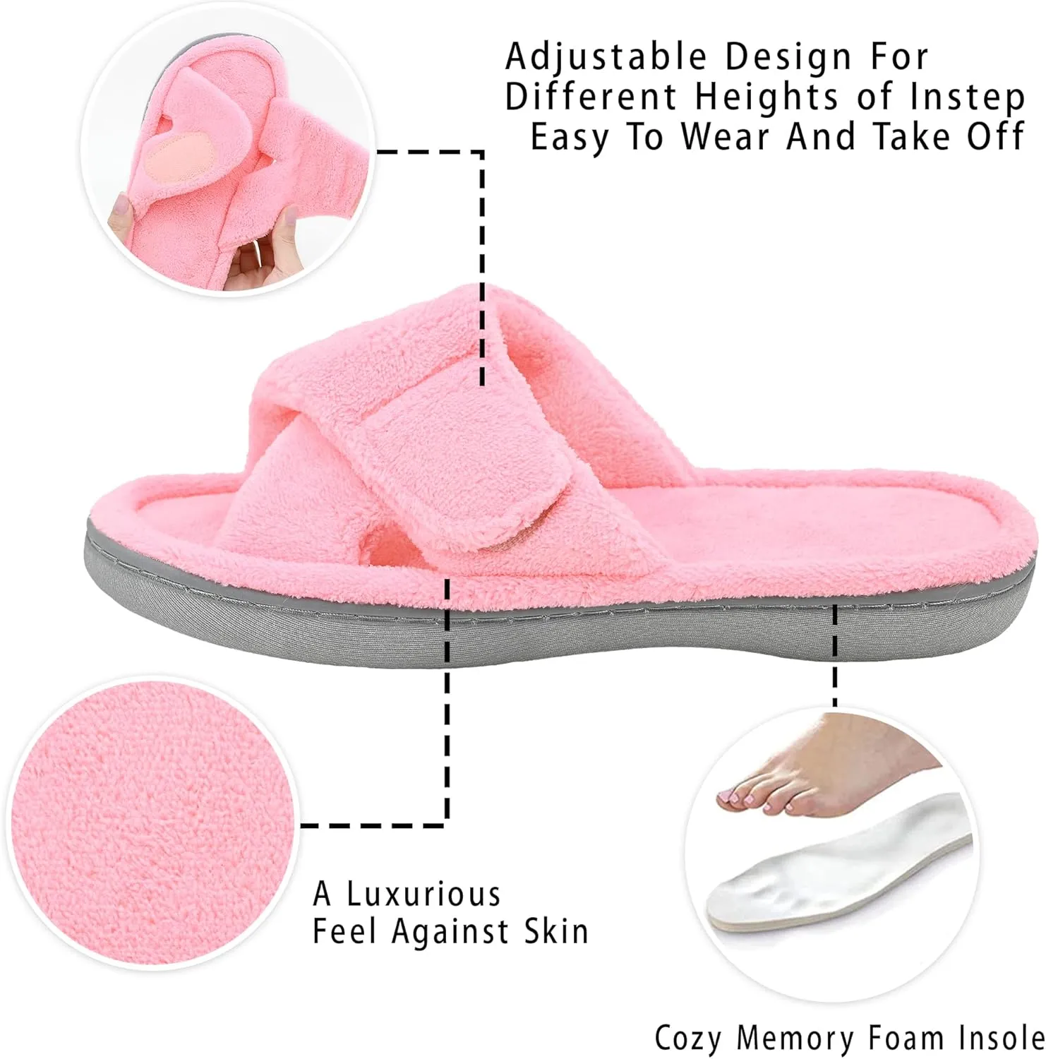 Panda Bros Women's Adjustable Slippers, Diabetic Slippers for Women Memory Foam, Open Toe Swollen Feet Slippers Bedroom House Indoor Outdoor Shoes with Rubber Sole