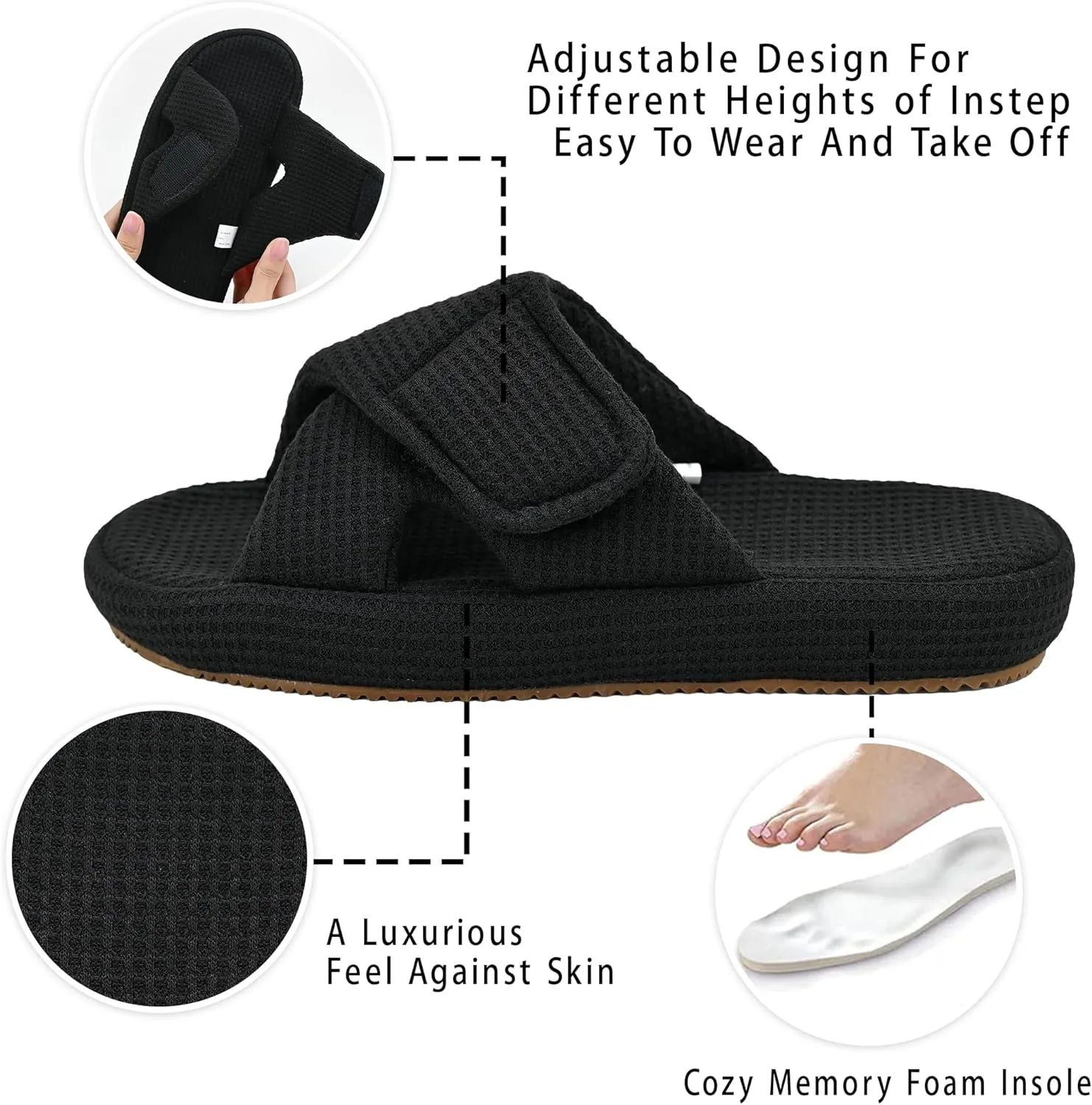 Panda Bros Women's Adjustable Slippers, Diabetic Slippers for Women Memory Foam, Open Toe Swollen Feet Slippers Bedroom House Indoor Outdoor Shoes with Rubber Sole
