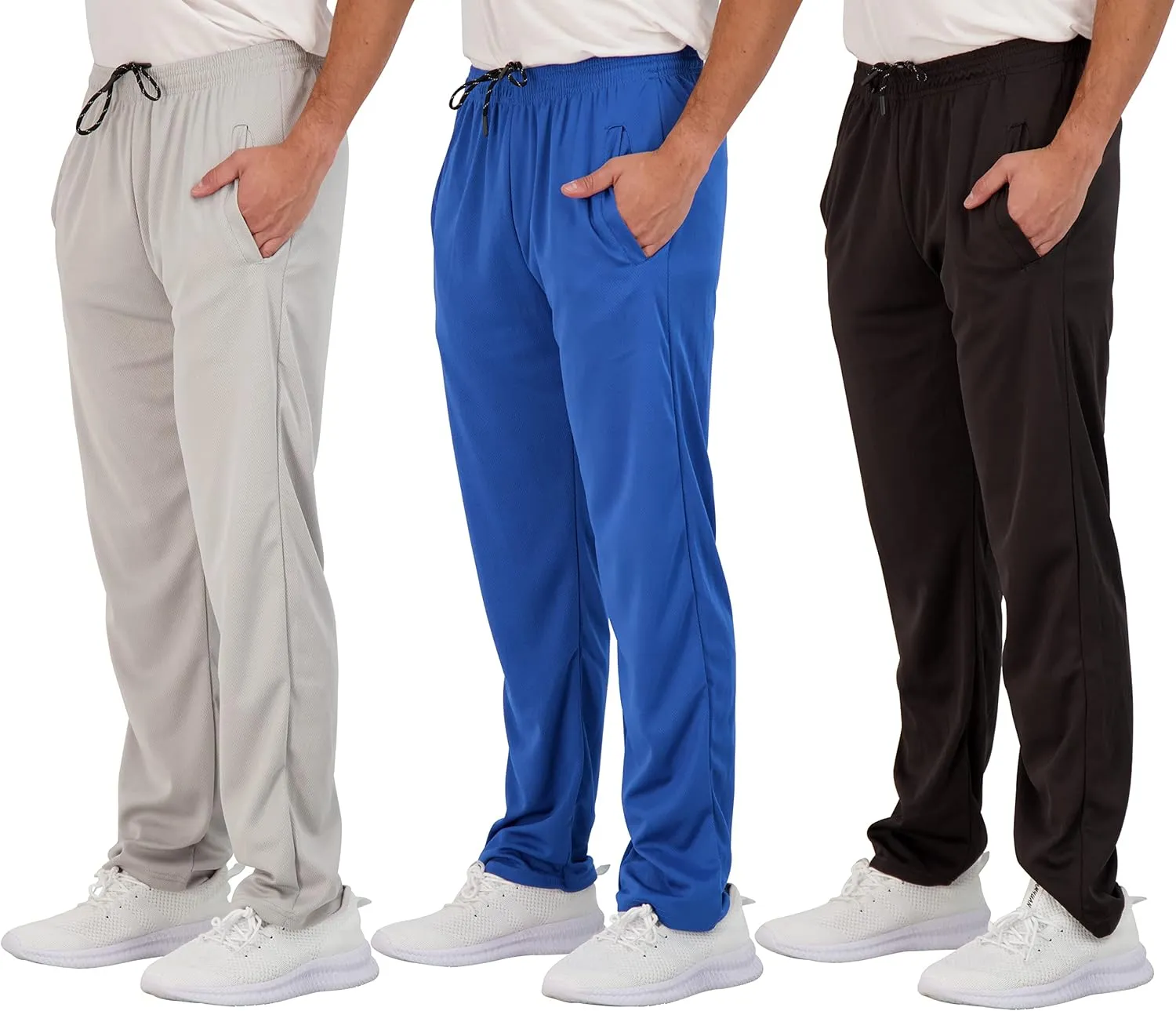 Real Essentials 3 Pack: Men's Mesh Athletic Gym Workout Lounge Open Bottom Sweatpants with Pockets (Available in Big & Tall)