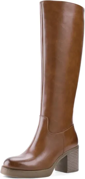 Shoe'N Tale Platform Knee High Boots for Women Block Chunky Heel Round Toe Side Zipper Tall Boots