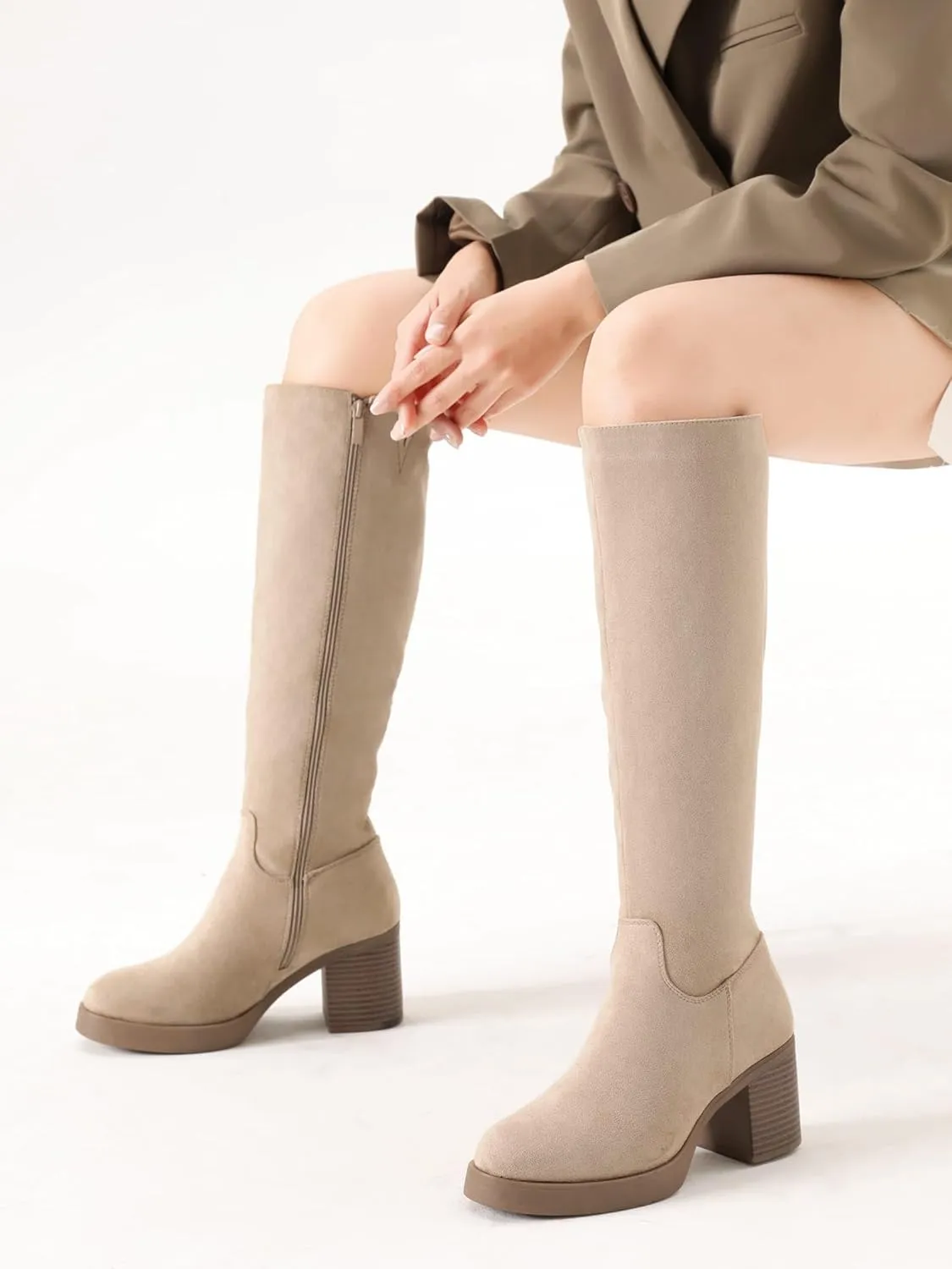 Shoe'N Tale Platform Knee High Boots for Women Block Chunky Heel Round Toe Side Zipper Tall Boots