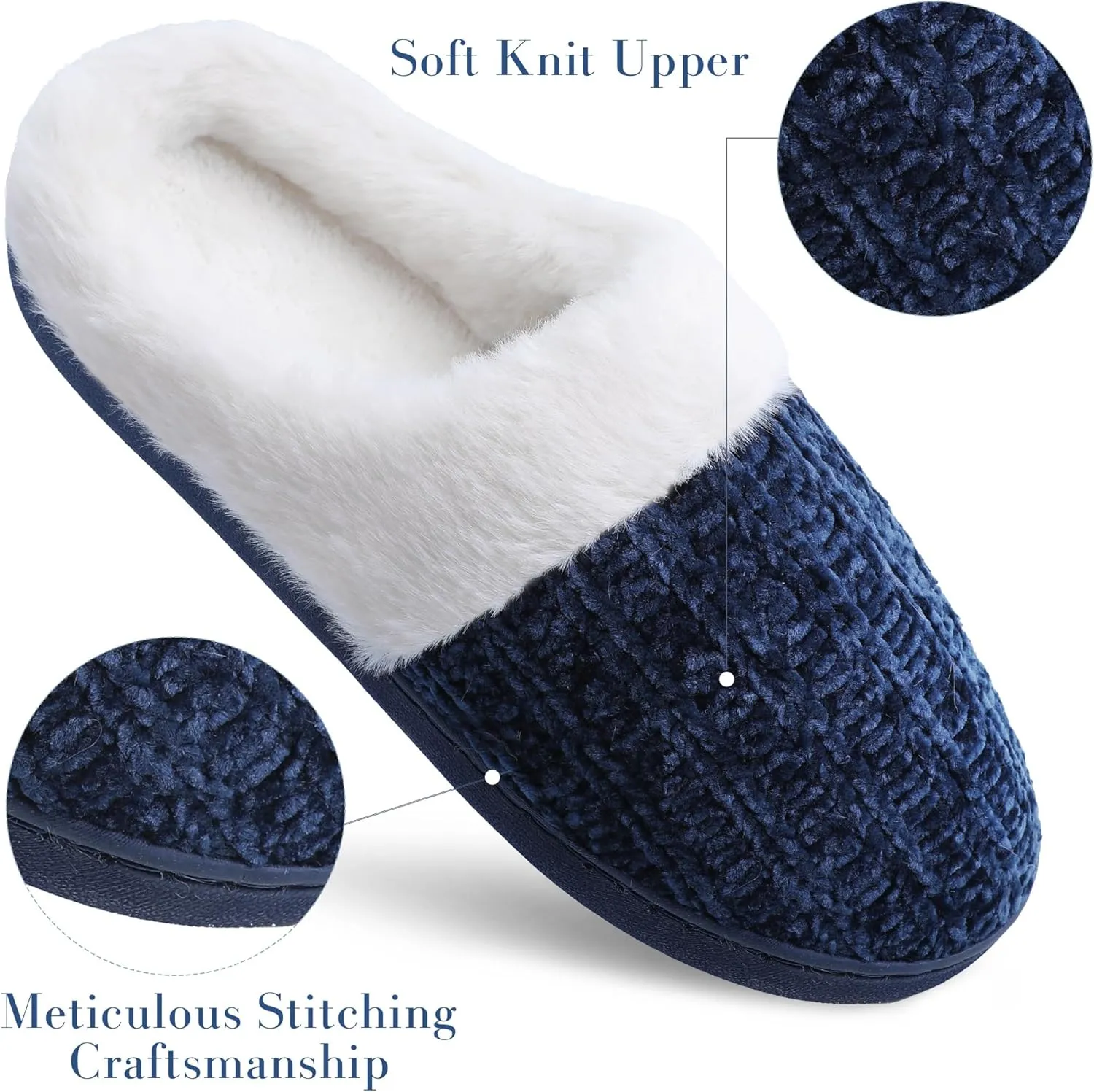 shoeslocker Women's Memory Foam Fuzzy Slippers Knit house shoe for Women Comfy Wool-Like Lined Slippers Indoor Outdoor