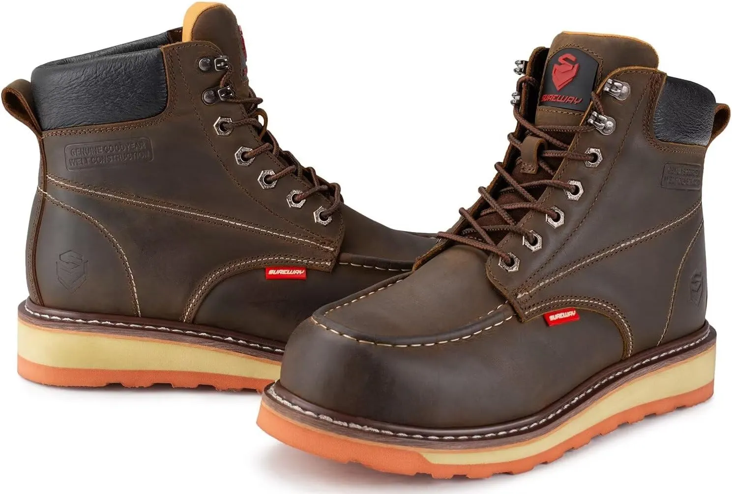 SUREWAY 6 Mens Heavy Duty Steel/Composite/Soft Toe Work Boots for Men,Comfortable & Durable,Goodyear Welt,Full Grain Leather,Oil/Slip Resistant,Wedge Moc Toe Industrial Construction Boots/Shoes