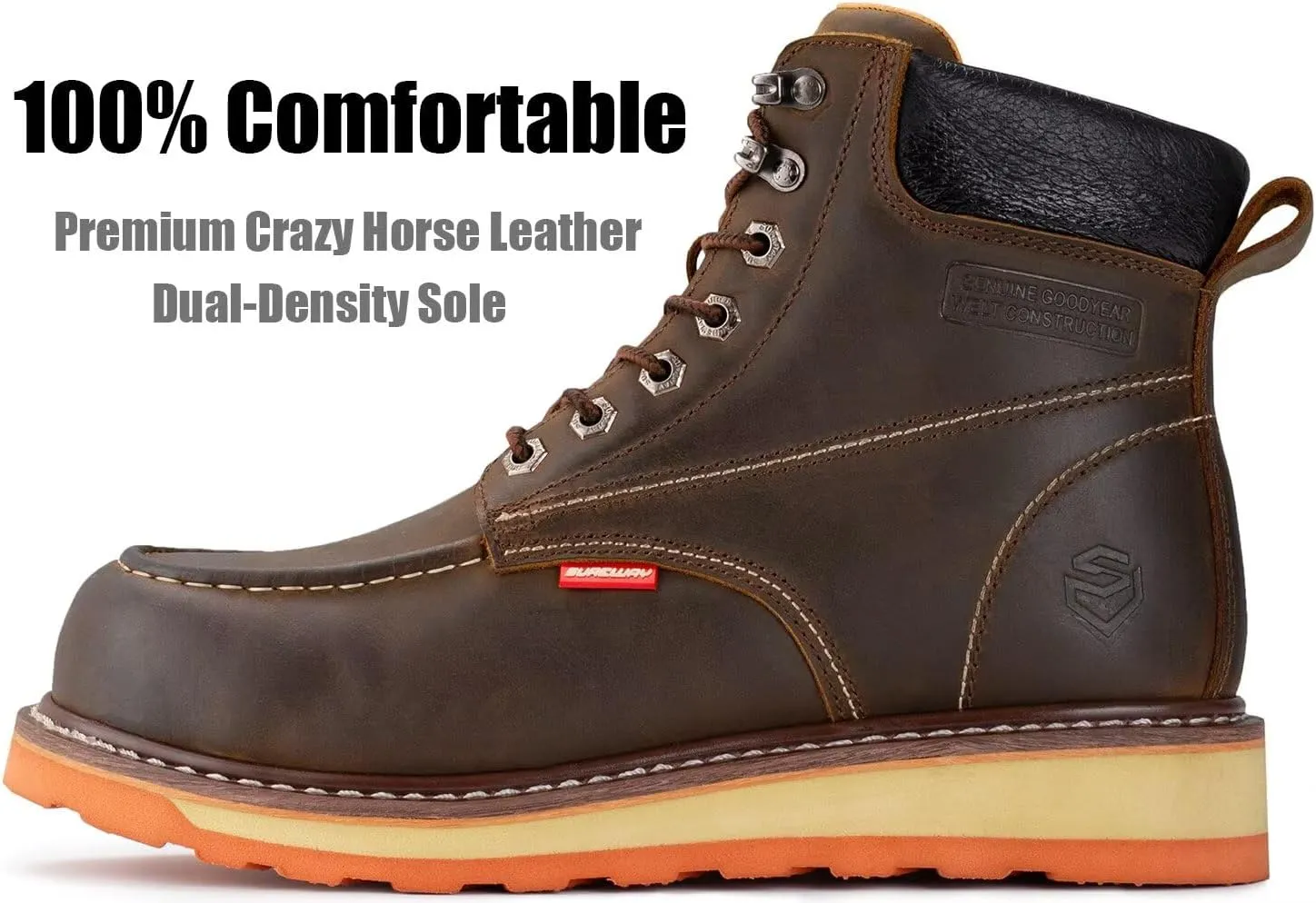 SUREWAY 6 Mens Heavy Duty Steel/Composite/Soft Toe Work Boots for Men,Comfortable & Durable,Goodyear Welt,Full Grain Leather,Oil/Slip Resistant,Wedge Moc Toe Industrial Construction Boots/Shoes