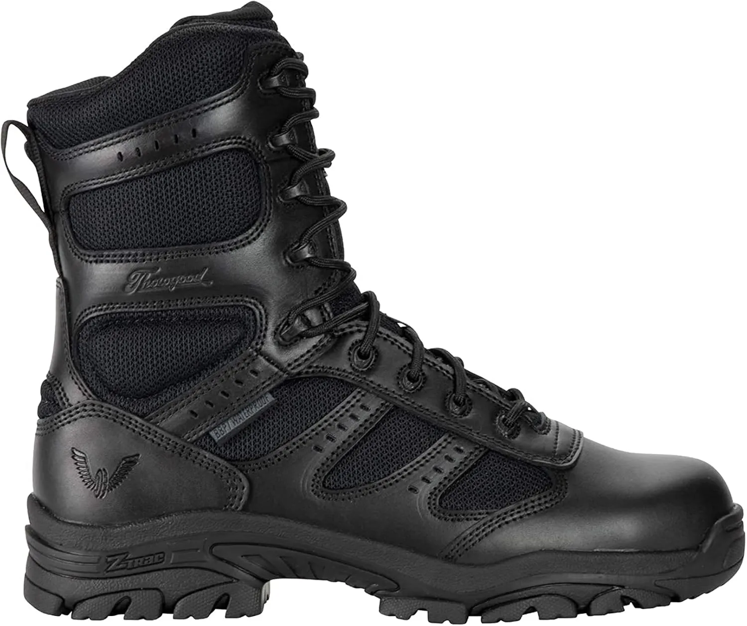 Thorogood Deuce 8 Waterproof Side-Zip Black Tactical Boots for Men and Women with Composite Safety Toe, Full-Grain Leather, and Slip-Resistant Outsole; BBP & Rated