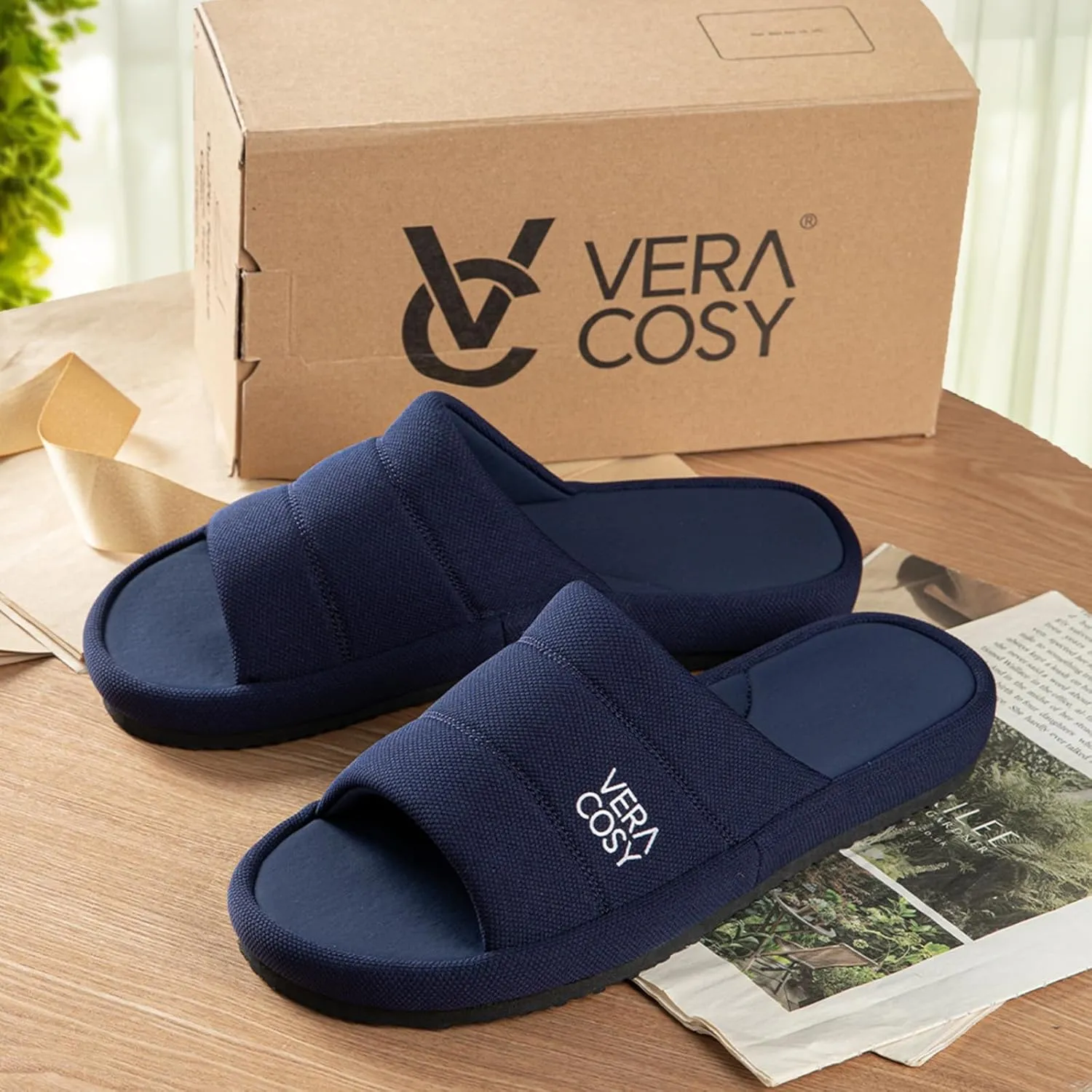 VeraCosy Men's Open Toe Slippers Breathable Corn Knit Memory Foam with Non Slip Sole