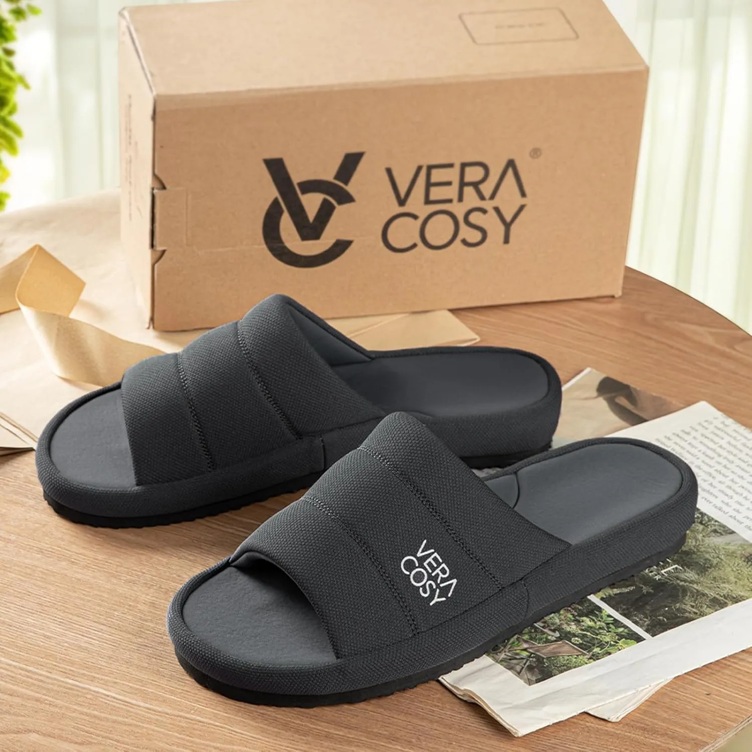 VeraCosy Men's Open Toe Slippers Breathable Corn Knit Memory Foam with Non Slip Sole