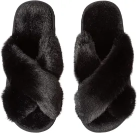 Women's Cross Band Fuzzy Slippers Fluffy Open Toe House Slippers