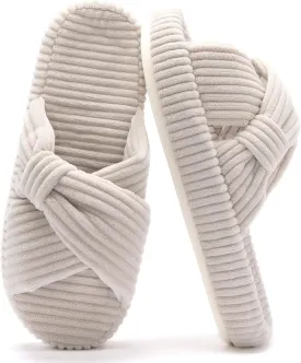 Women's House Slippers Corduroy Indoor Slippers Memory Foam Bedroom Open Toe Slippers Cross Band House Shoes