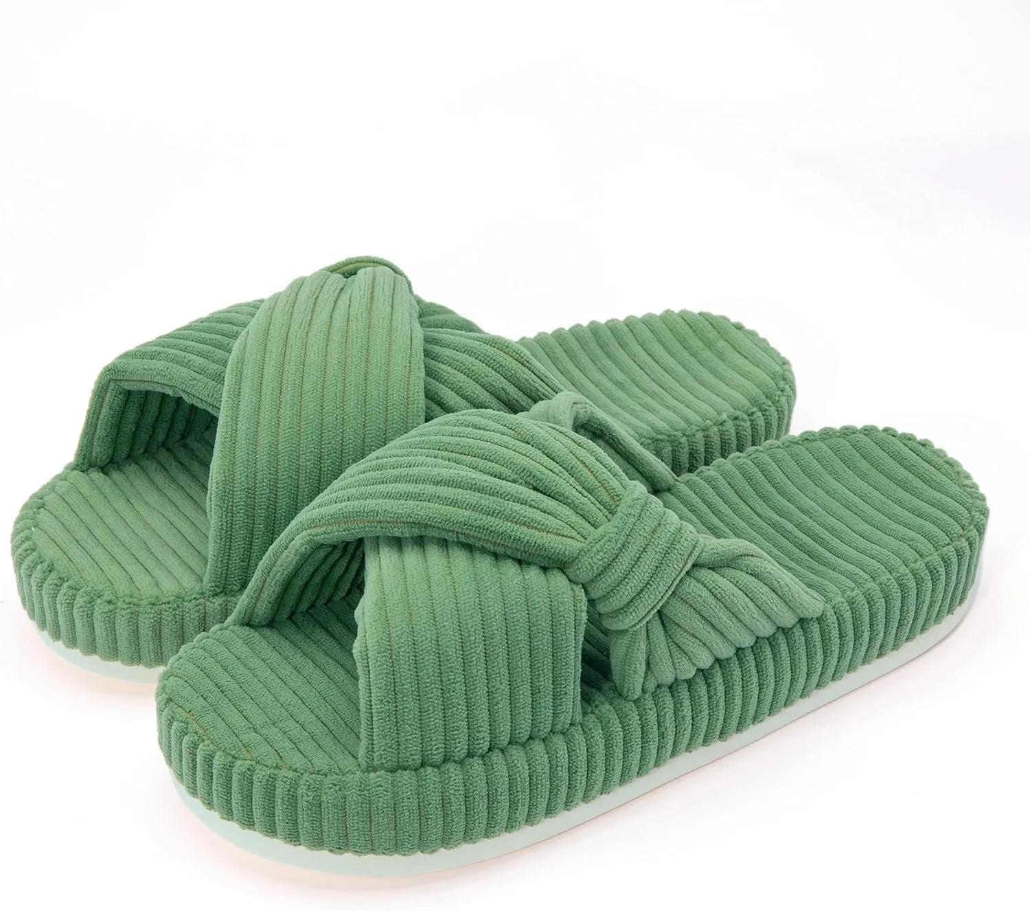 Women's House Slippers Corduroy Indoor Slippers Memory Foam Bedroom Open Toe Slippers Cross Band House Shoes