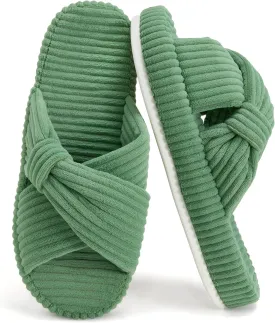 Women's House Slippers Corduroy Indoor Slippers Memory Foam Bedroom Open Toe Slippers Cross Band House Shoes