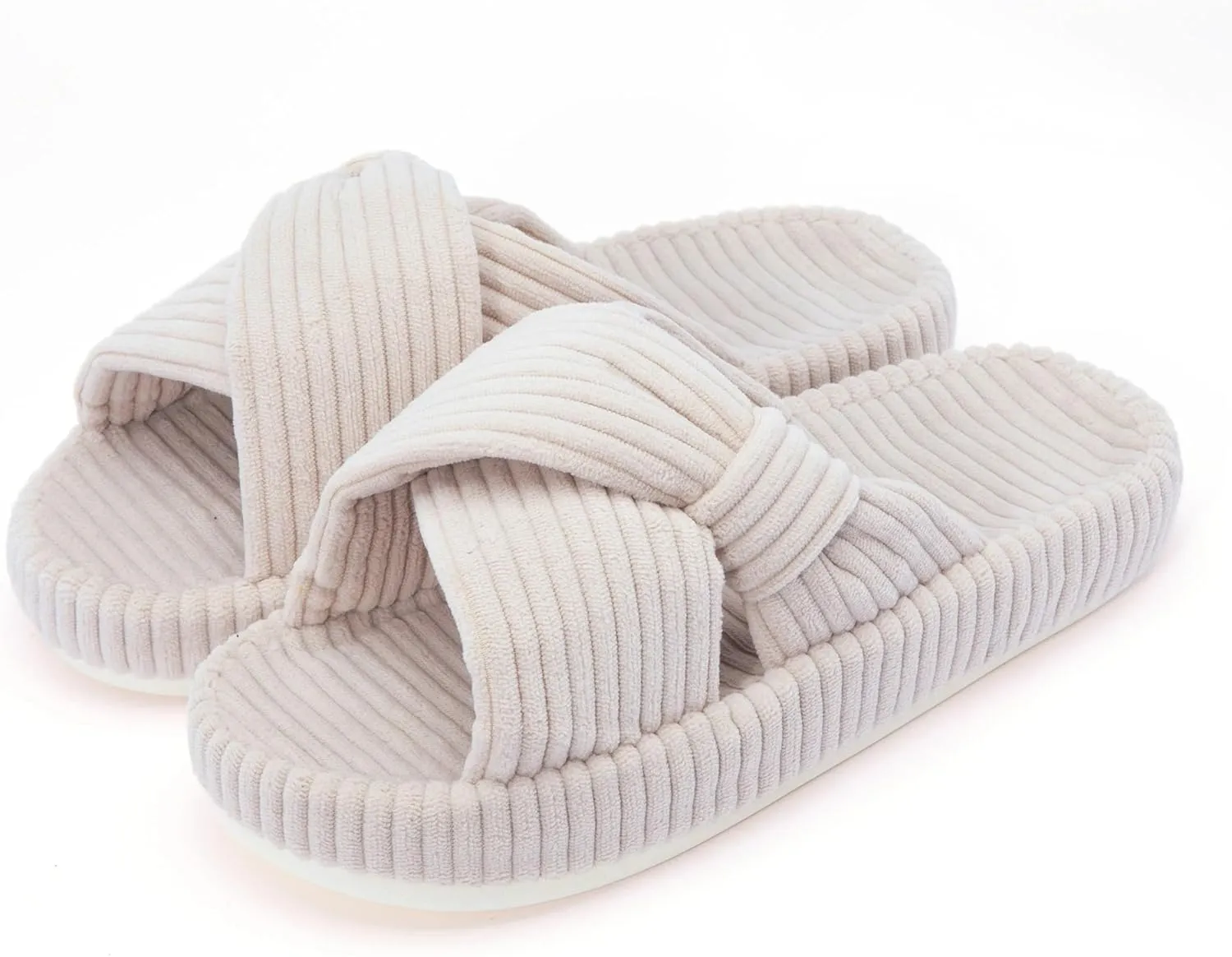 Women's House Slippers Corduroy Indoor Slippers Memory Foam Bedroom Open Toe Slippers Cross Band House Shoes
