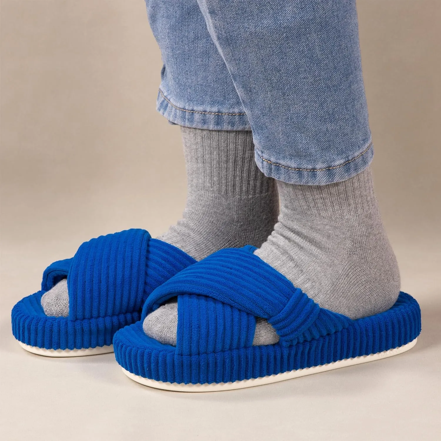 Women's House Slippers Corduroy Indoor Slippers Memory Foam Bedroom Open Toe Slippers Cross Band House Shoes