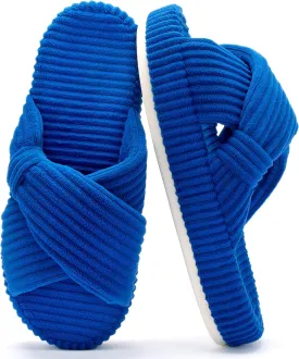 Women's House Slippers Corduroy Indoor Slippers Memory Foam Bedroom Open Toe Slippers Cross Band House Shoes
