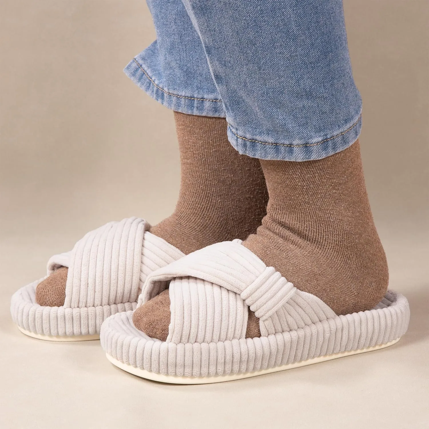 Women's House Slippers Corduroy Indoor Slippers Memory Foam Bedroom Open Toe Slippers Cross Band House Shoes