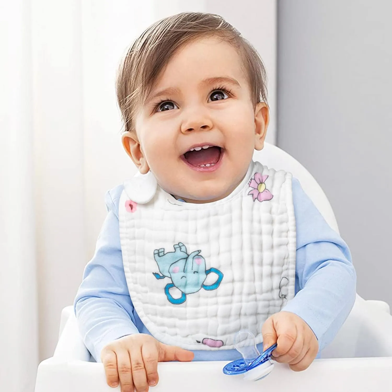 Zainpe 6Pcs Snap Muslin Cotton Baby Bibs Elephant Whale Rabbit Pattern Feeding Bib Adjustable Machine Washable Unisex Burp Cloths with 6 Absorbent & Soft Layers for Boys Girls Drooling Teething Eating